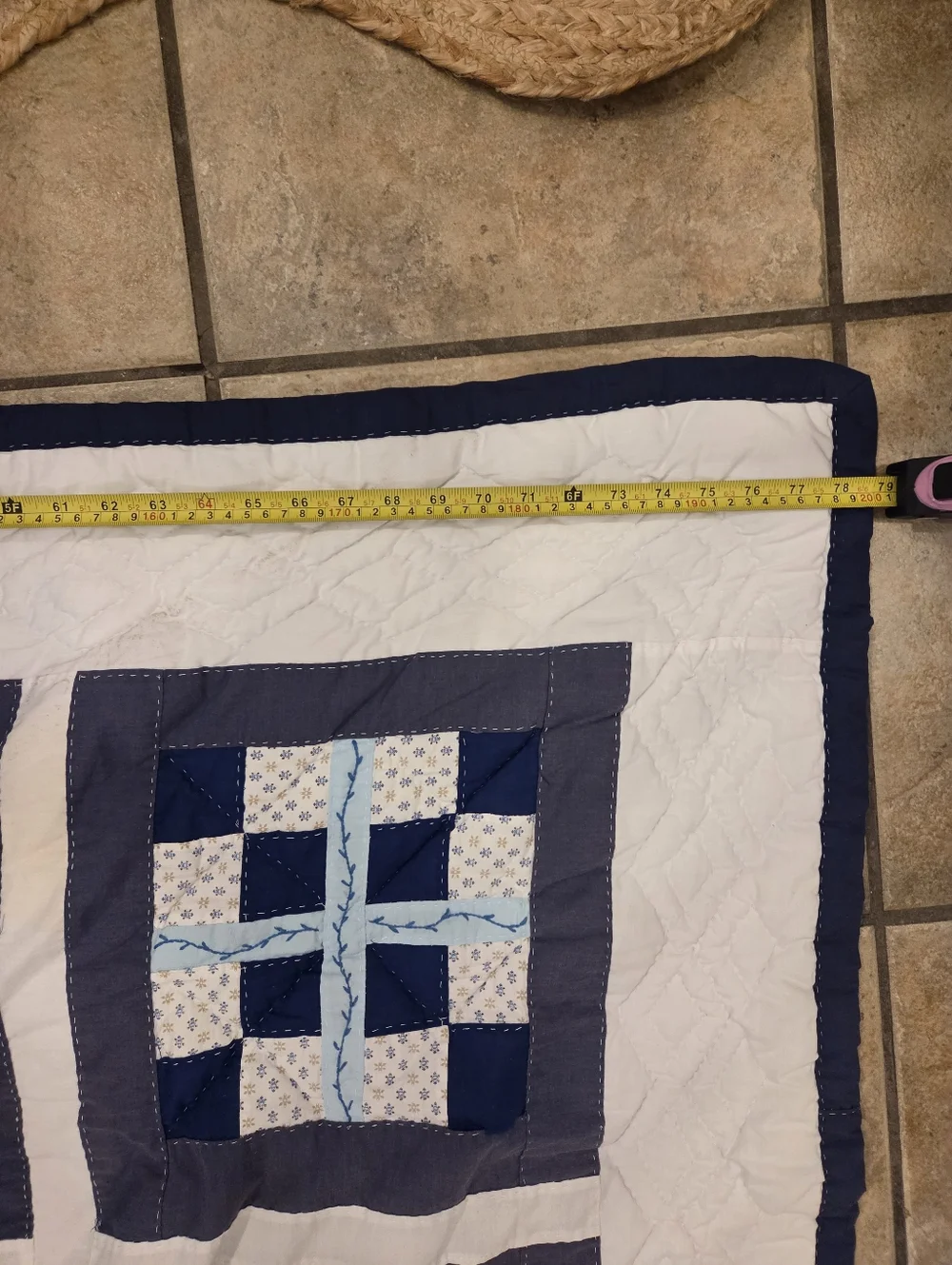 Patchwork Navy and Cream Quilt with Blue and Coral Accents